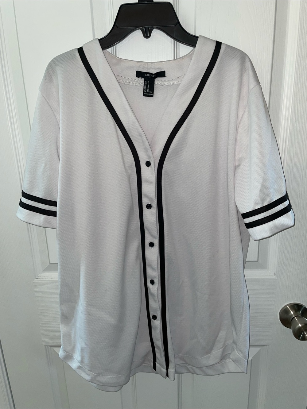 Forever 21 White Baseball-Style Button Front Jersey with Black Trim